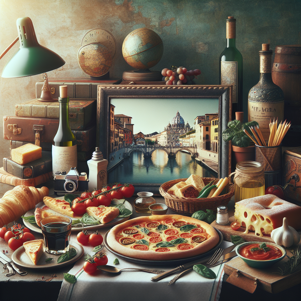 A table featuring a variety of Italian food items, including pizza, tomatoes, and wine bottles.