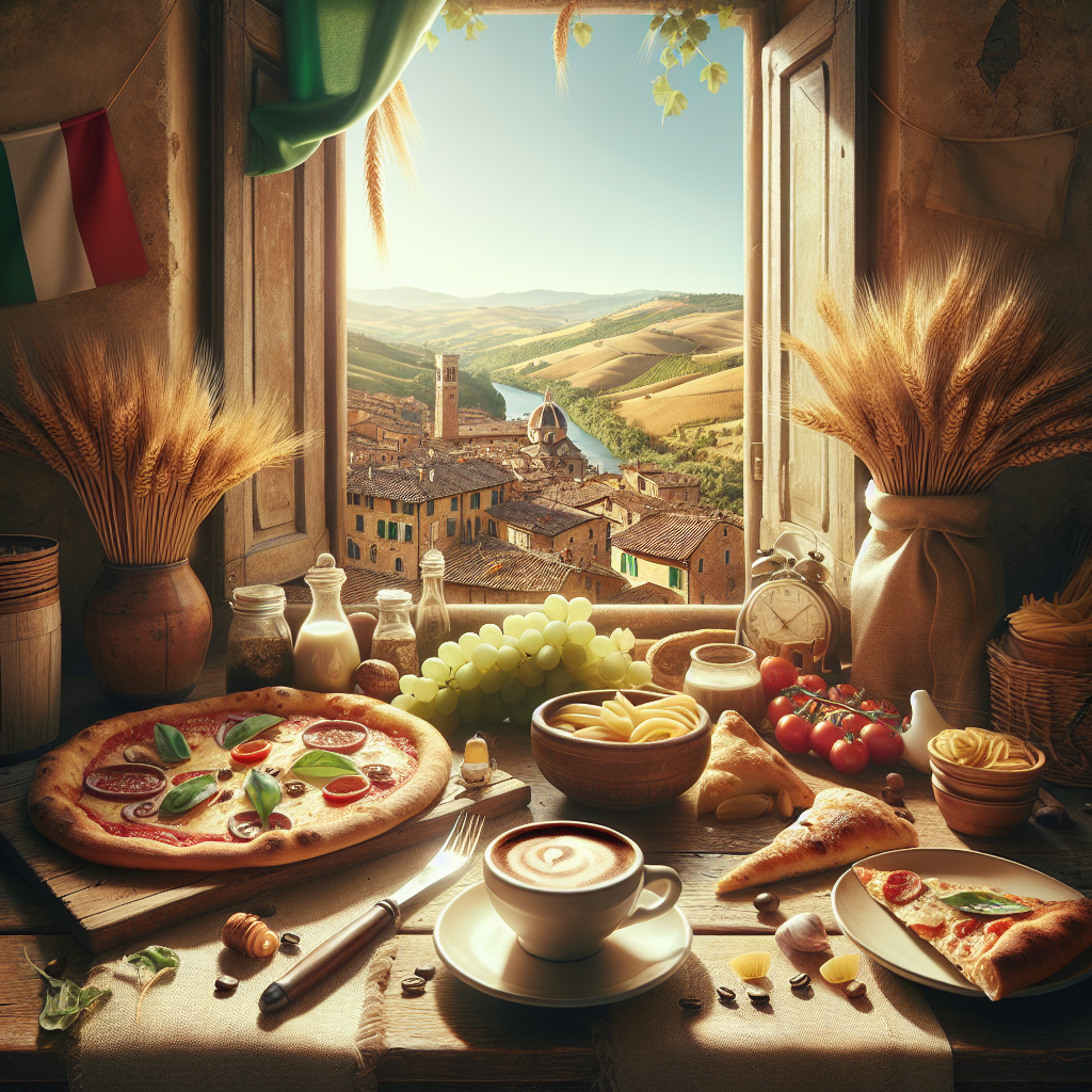 A table set with pizza, coffee, and various Italian food items in a rustic setting with a scenic view.