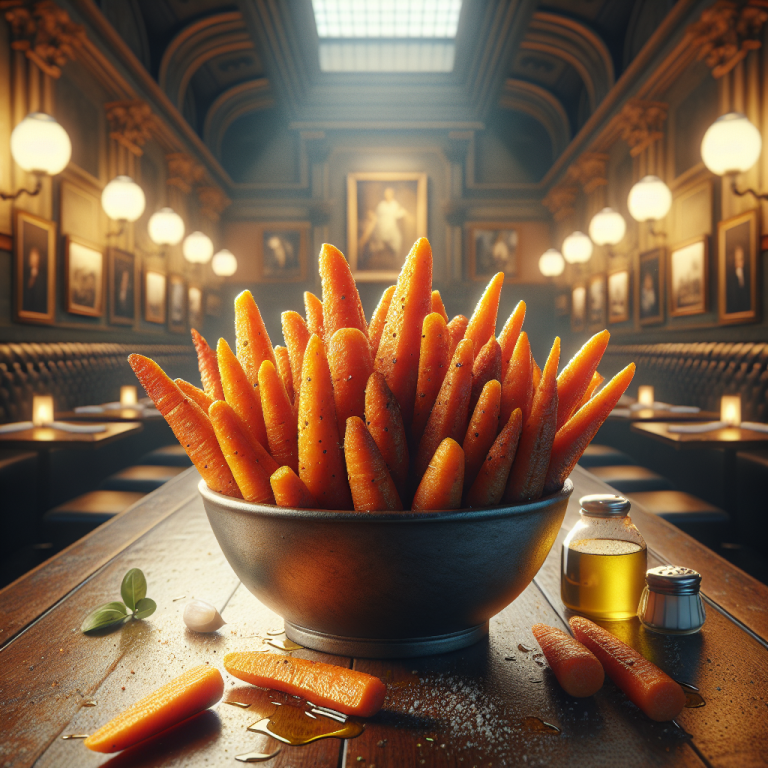 A bowl filled with seasoned carrots placed on a wooden table in a dimly lit room.