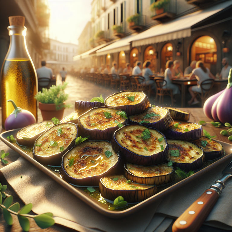 A platter of grilled eggplant slices garnished with herbs, presented on a table.