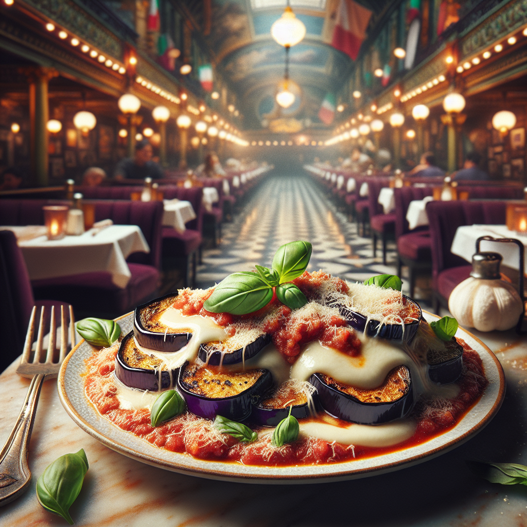 Plate of air fryer eggplant parmesan topped with marinara sauce and basil leaves.
