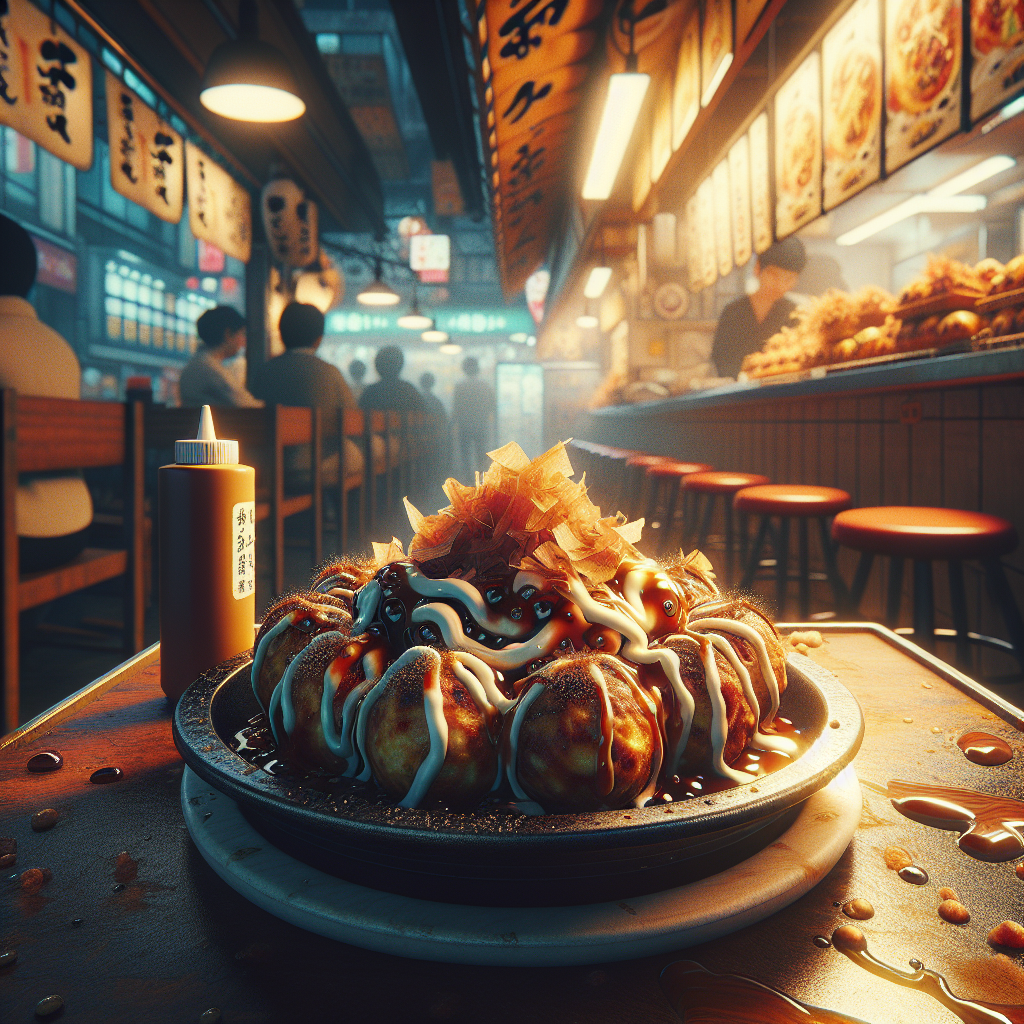 A plate of takoyaki topped with bonito flakes and drizzled with sauce in a restaurant setting.