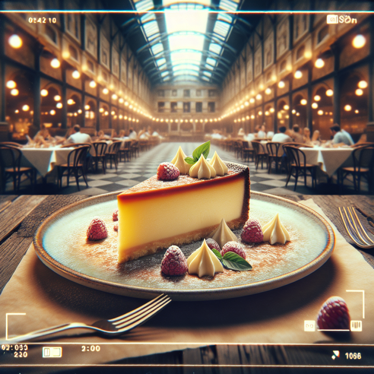 A slice of baked cheesecake topped with cream and raspberries on a plate.