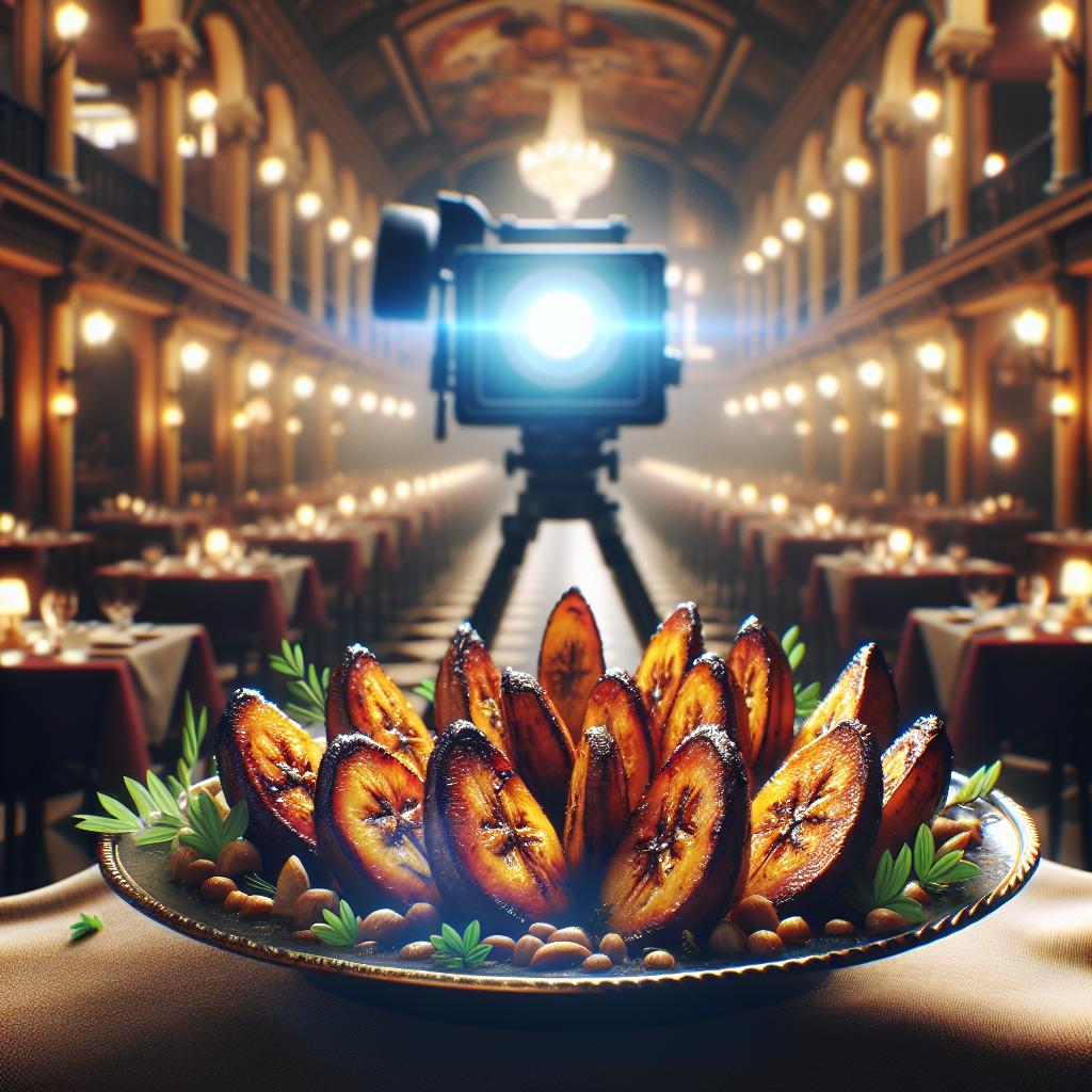A platter of baked plantains arranged in a circular pattern with garnishes.