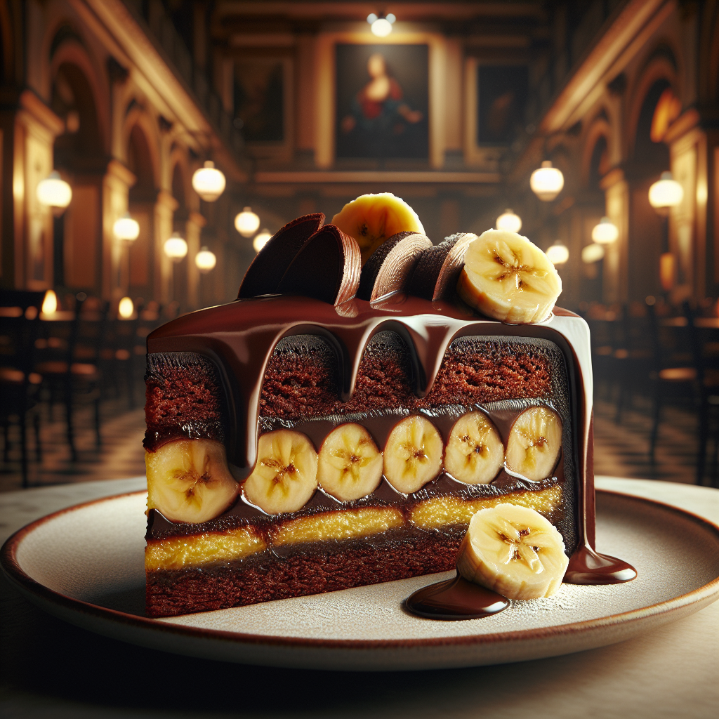 Slice of banana chocolate cake with layers of banana and chocolate frosting on a plate.