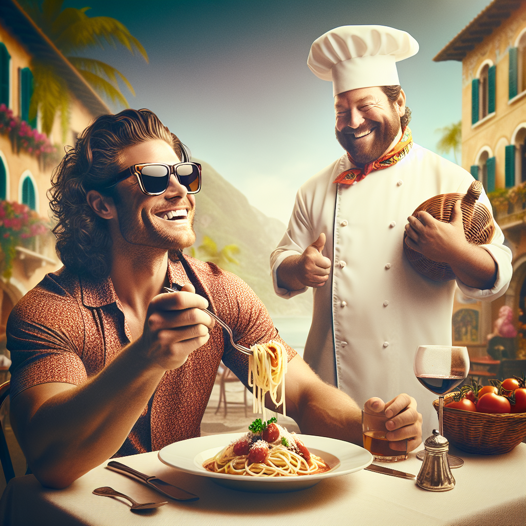 A man wearing sunglasses enjoys a plate of spaghetti while a chef stands beside him, smiling and giving a thumbs up.