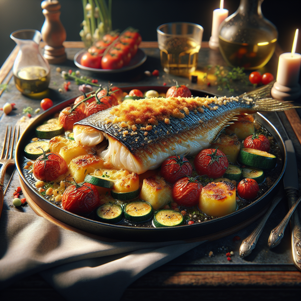 Branzino fish baked with a crust, served with tomatoes, potatoes, and zucchini on a round platter.