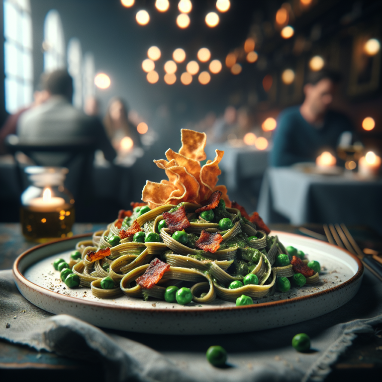 Plate of buckwheat pasta topped with pea cream and crispy speck garnished with fried chips.