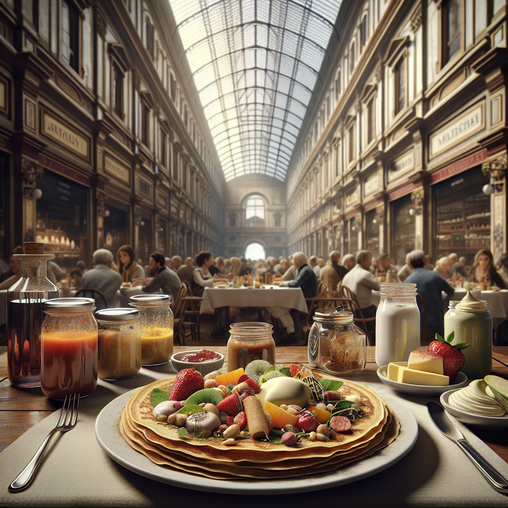 Plate of butter-free crepes topped with fruits, nuts, and sauces on a table in a dining area.
