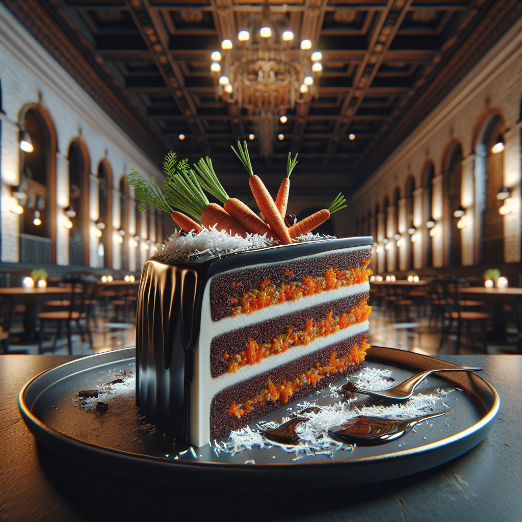 Slice of carrot coconut and chocolate cake with decorative carrots on top, served on a plate.