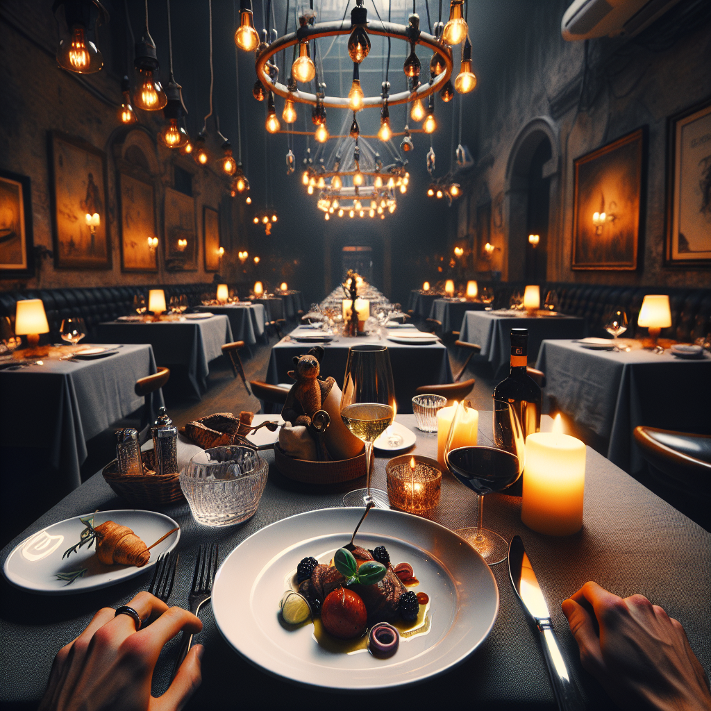 A dining table with a plate of food and various table settings in a dimly lit restaurant.