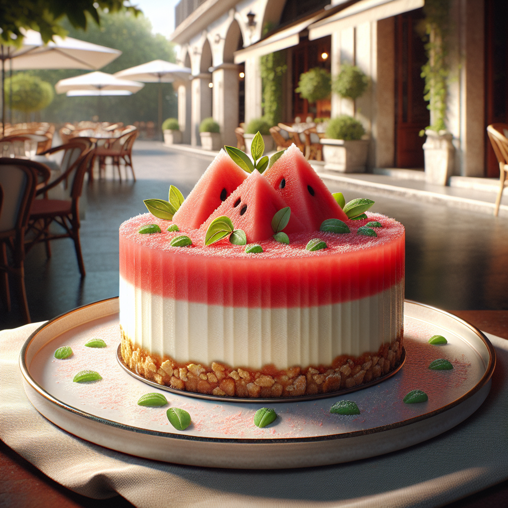 A cheesecake topped with watermelon slices and green leaves on a plate.