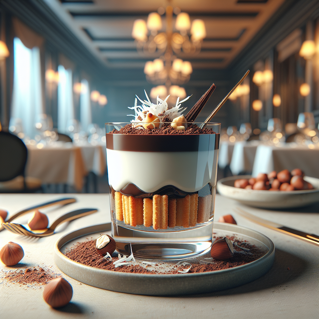Layered coconut pudding dessert with Pavesini biscuits and chocolate topping in a glass dish.