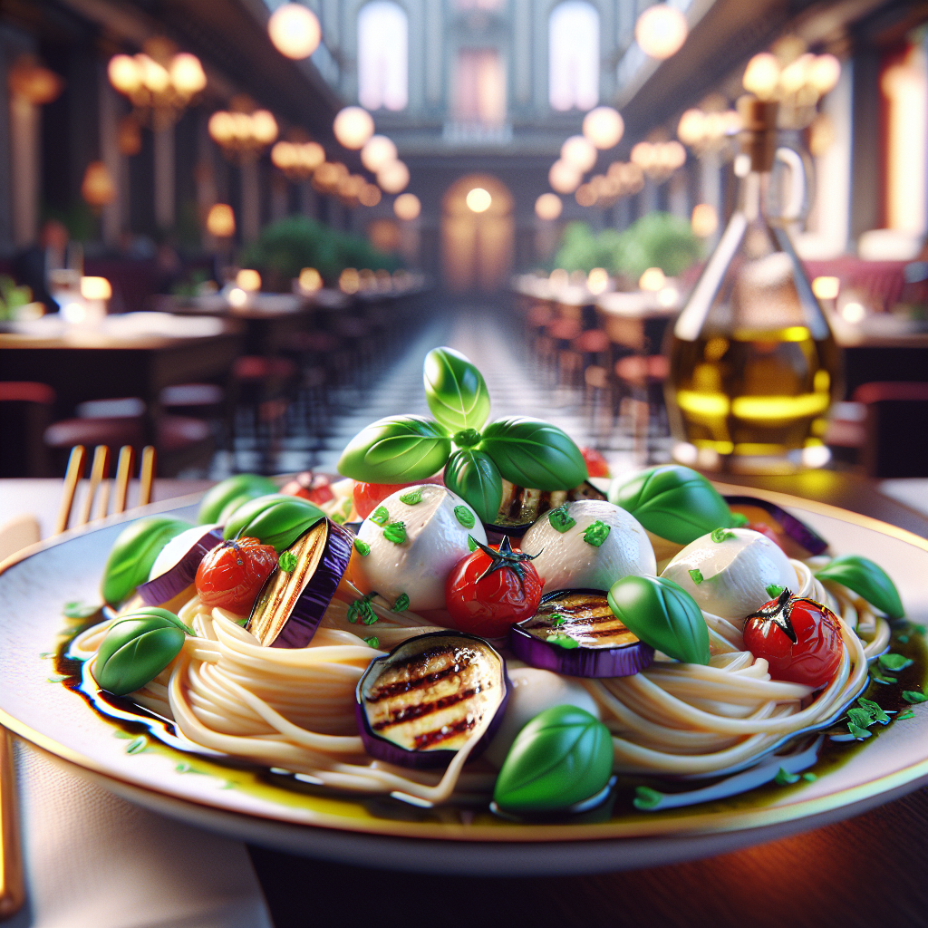 Plate of cold pasta topped with mozzarella, grilled eggplant, cherry tomatoes, and basil leaves.