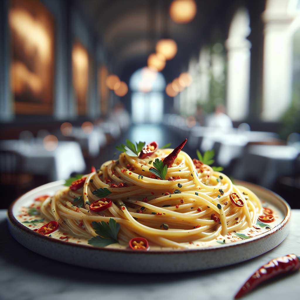 Plate of spaghetti aglio olio topped with red chili peppers and parsley on a marble surface.
