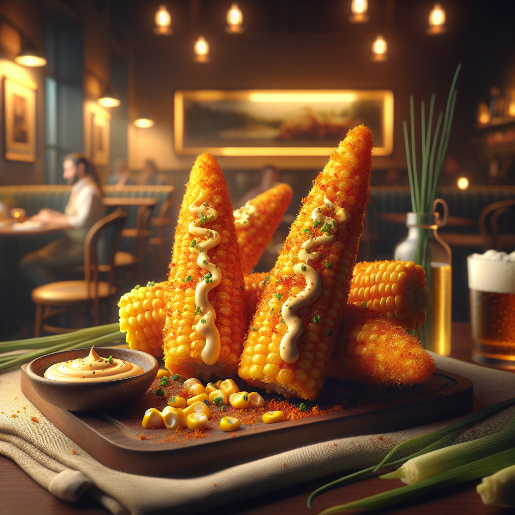 Three pieces of crispy fried corn on the cob arranged on a wooden platter with sauce and corn kernels.