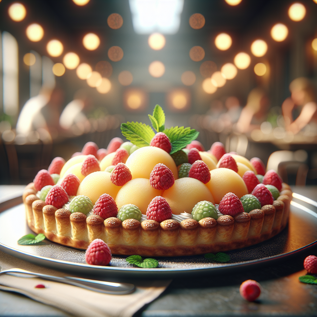Crostata dessert topped with cream, melon balls, and raspberries on a serving plate.