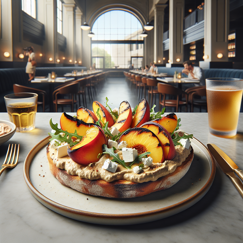 Crostone topped with hummus, grilled peaches, feta cheese, and arugula on a plate.