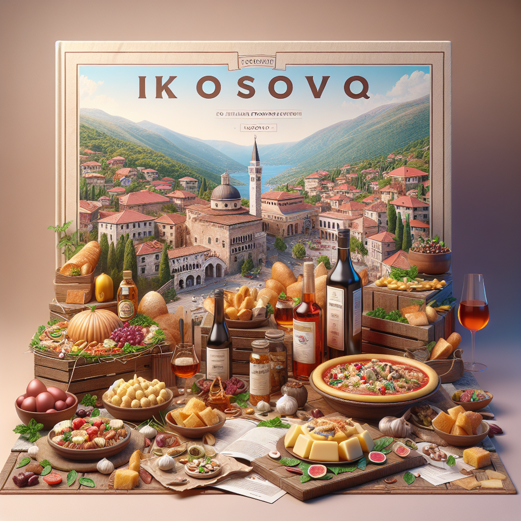 An arrangement of traditional Kosovo dishes, drinks, and ingredients displayed on a table.