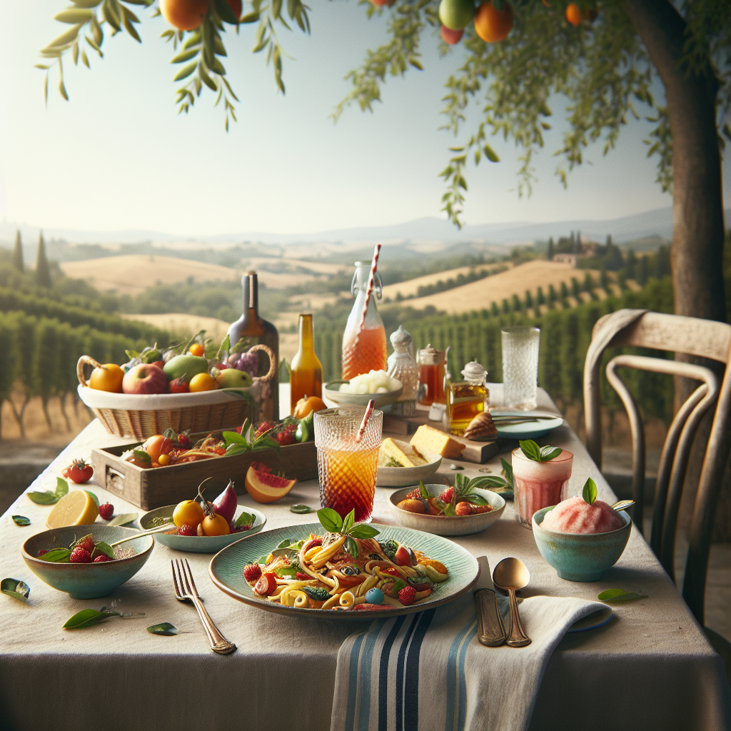 A table set with various Italian summer dishes, including pasta, fruits, and beverages, in a scenic outdoor setting.