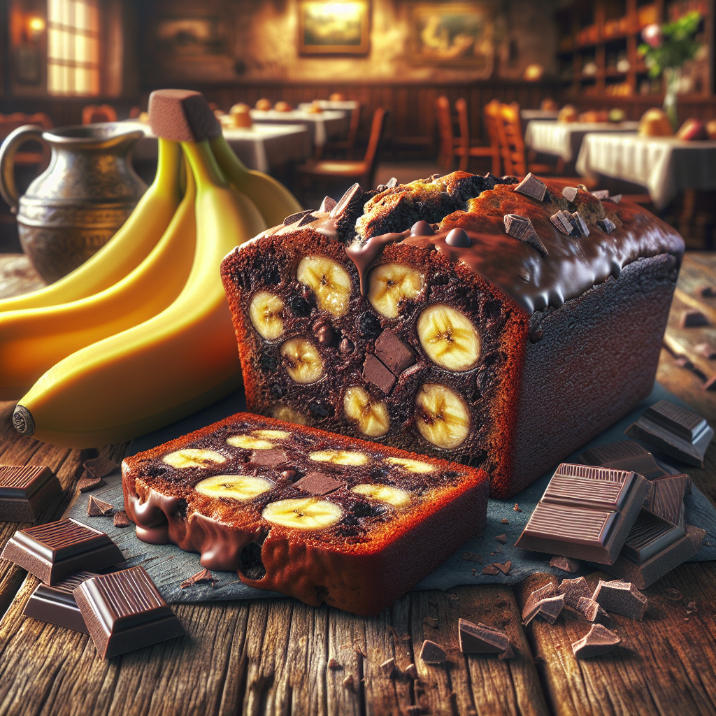 Loaf of chocolate banana bread with sliced bananas and chocolate pieces on a wooden table.