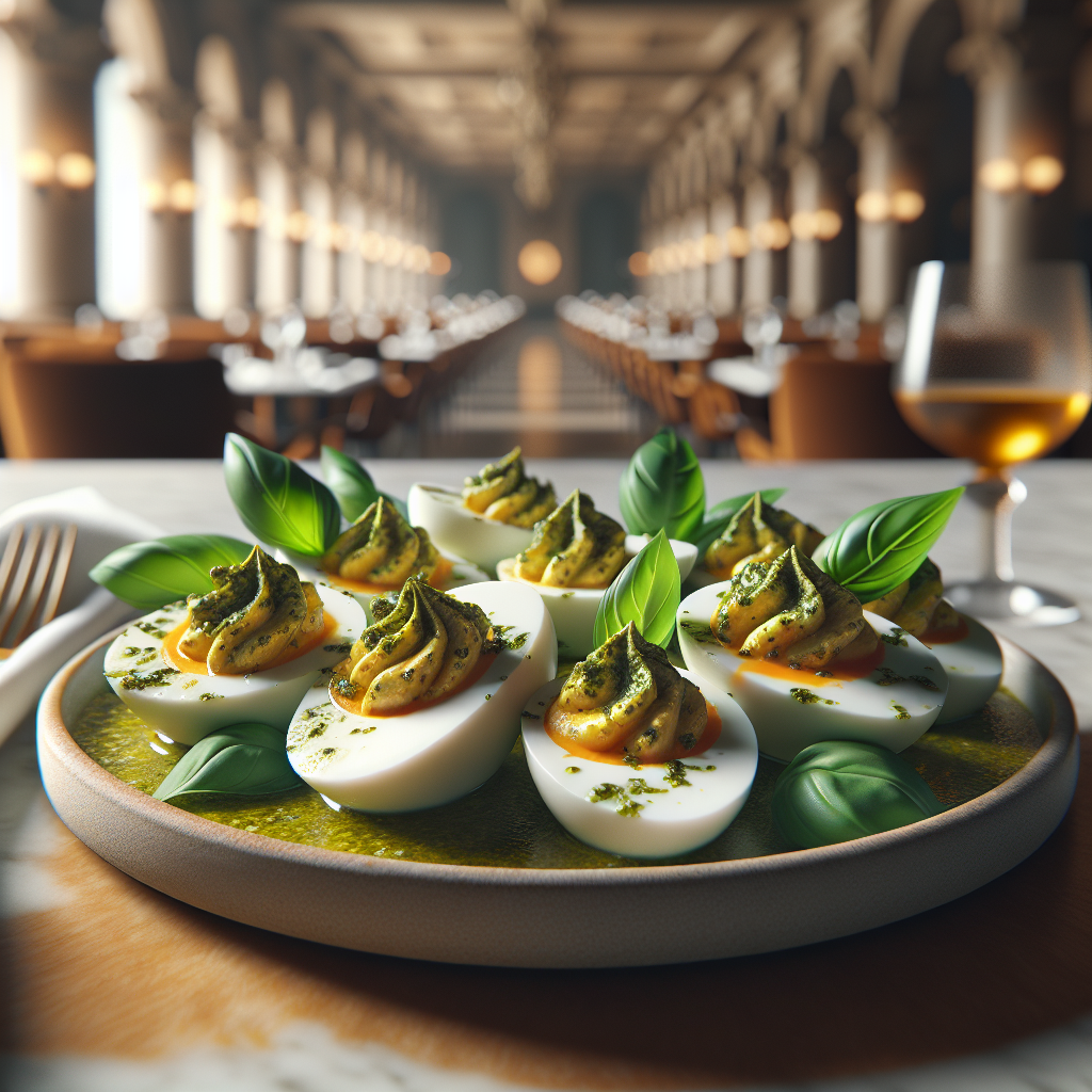 A plate of deviled eggs topped with pesto and garnished with basil leaves.
