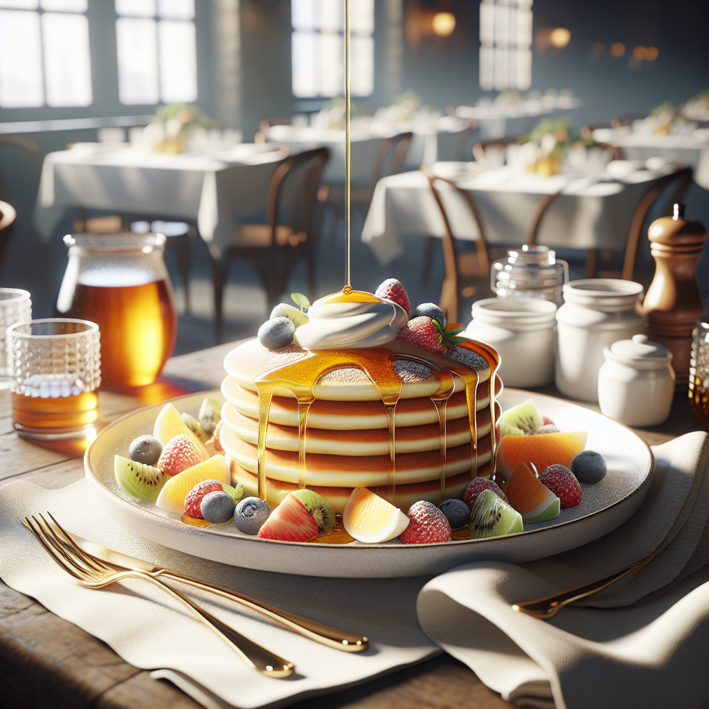 A stack of pancakes topped with syrup and fresh fruit on a plate in a dining setting.