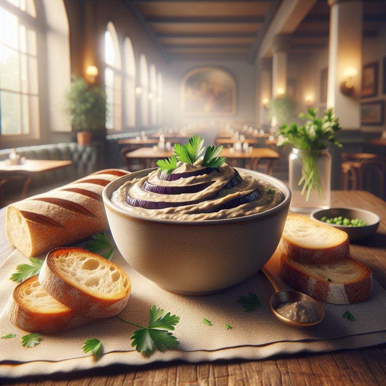 Bowl of eggplant cream garnished with herbs, surrounded by slices of bread on a table.