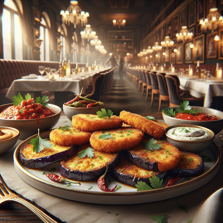 A plate of breaded eggplant cutlets garnished with herbs, accompanied by various sauces and side dishes.
