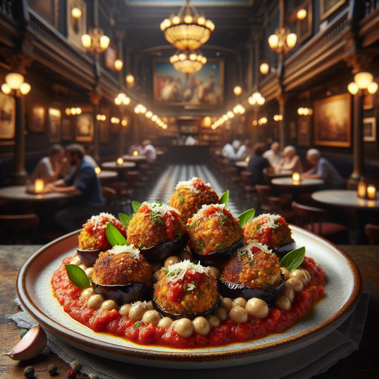 Plate of eggplant and tuna meatballs served with sauce and garnishes.