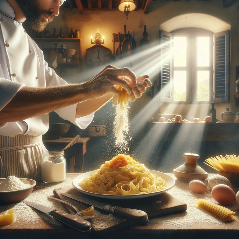 Chef sprinkling bottarga over a plate of pasta in a kitchen setting with natural light.