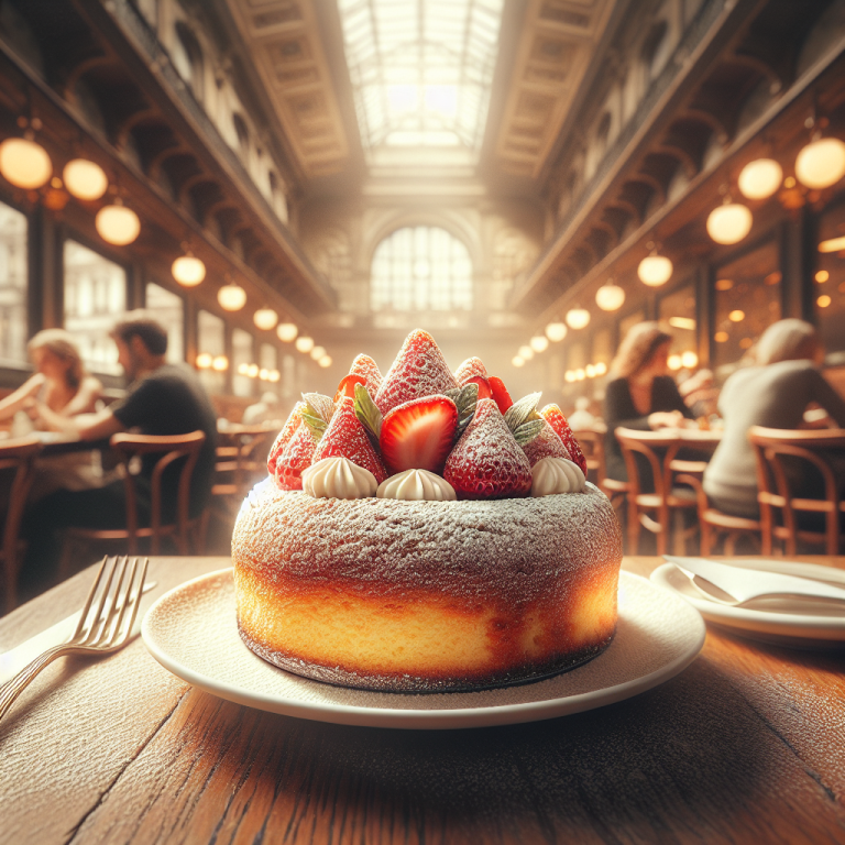 A Greek yogurt cake topped with fresh strawberries and cream, placed on a white plate.