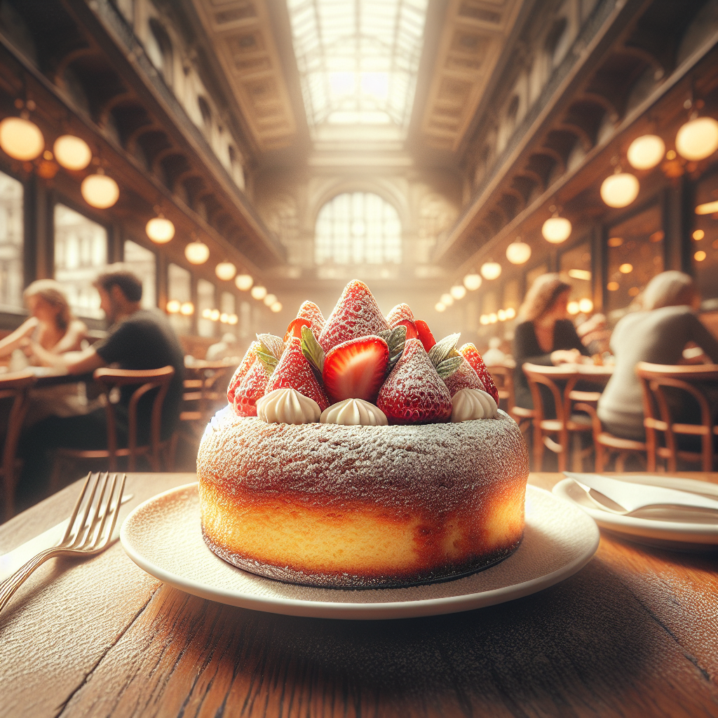 A Greek yogurt cake topped with fresh strawberries and cream, placed on a white plate.