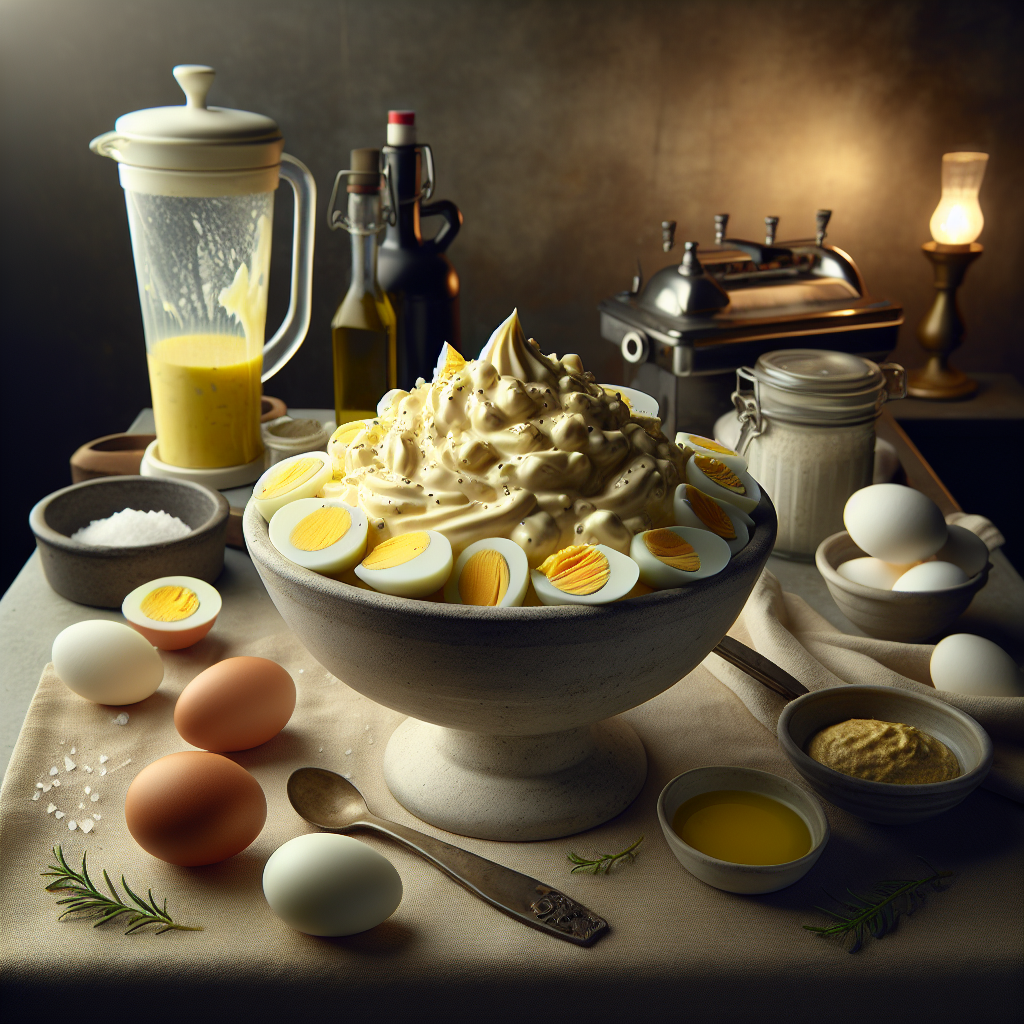 Bowl of homemade mayonnaise topped with sliced hard-boiled eggs on a table with various ingredients.