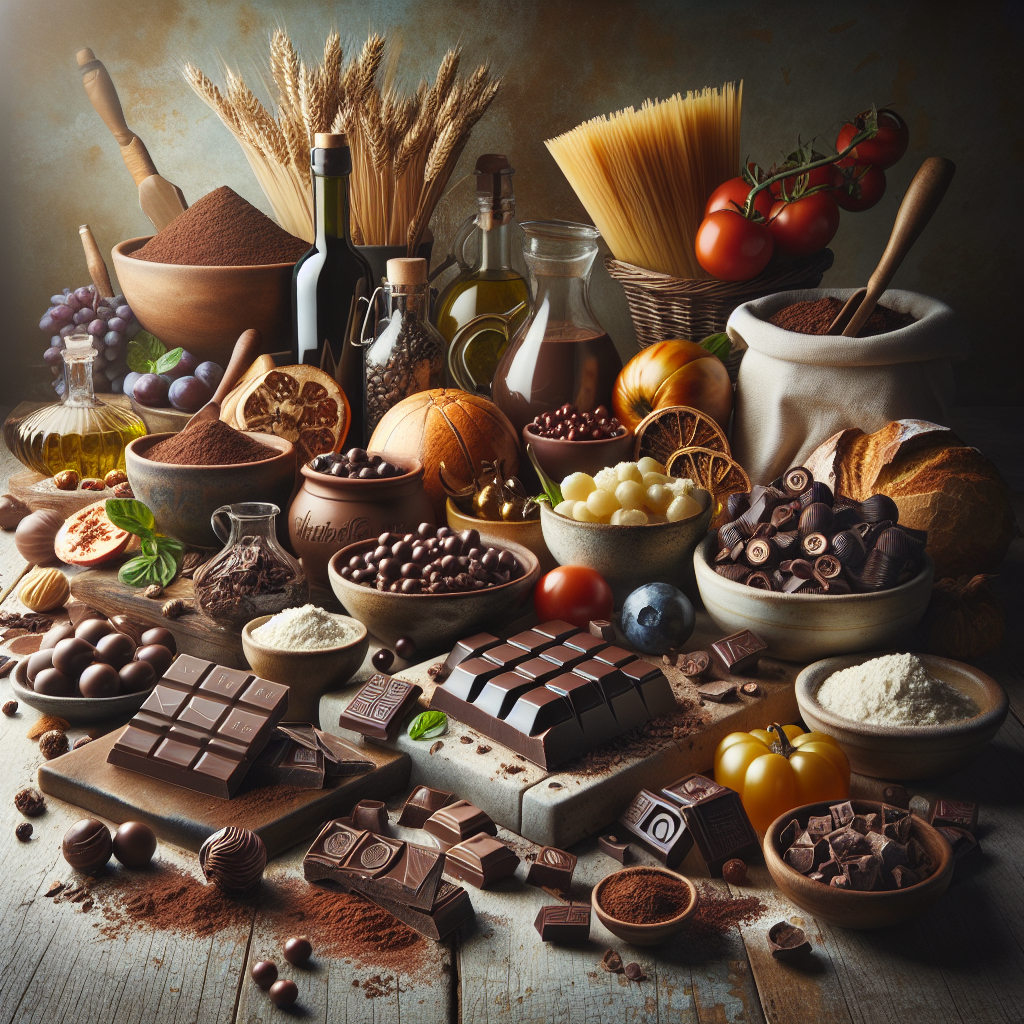 Variety of ingredients including chocolate, pasta, and spices arranged on a wooden surface.