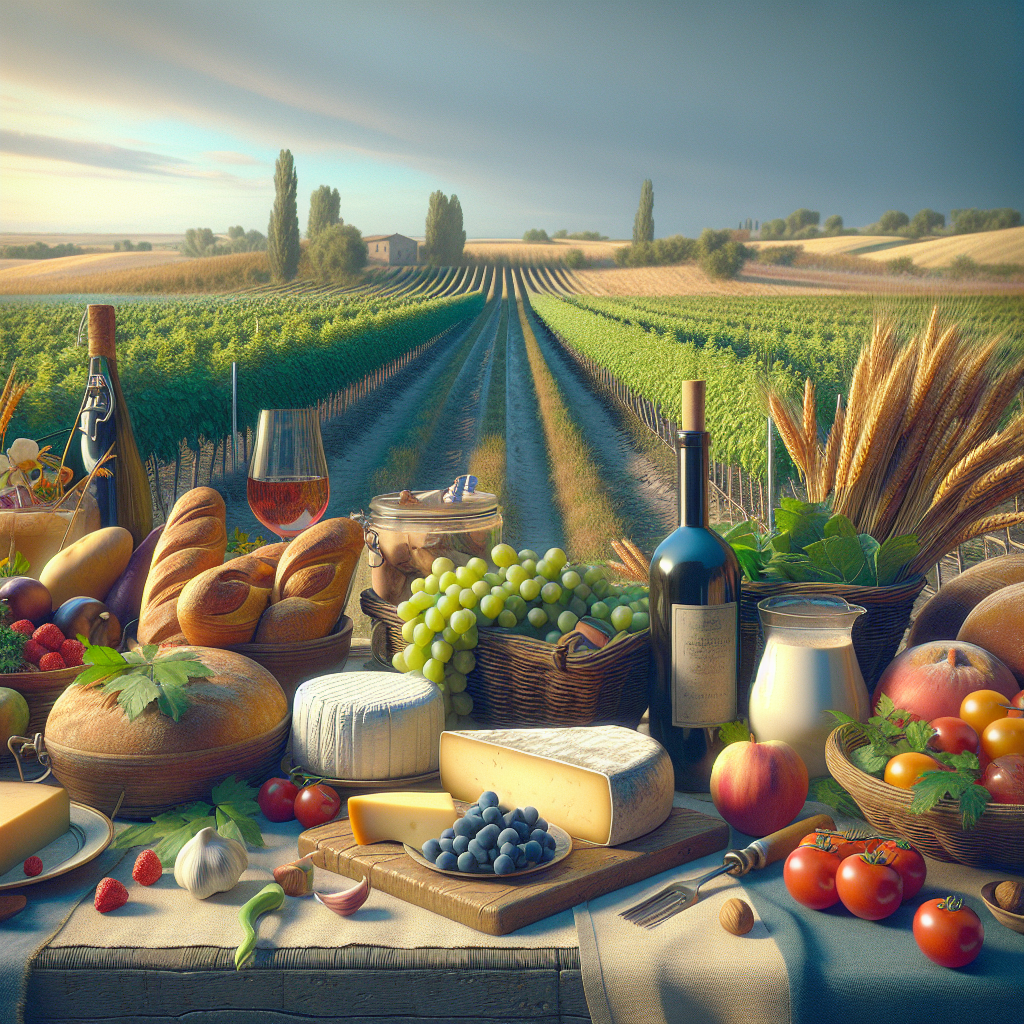 A variety of Italian food items including cheese, bread, grapes, and wine displayed on a table.