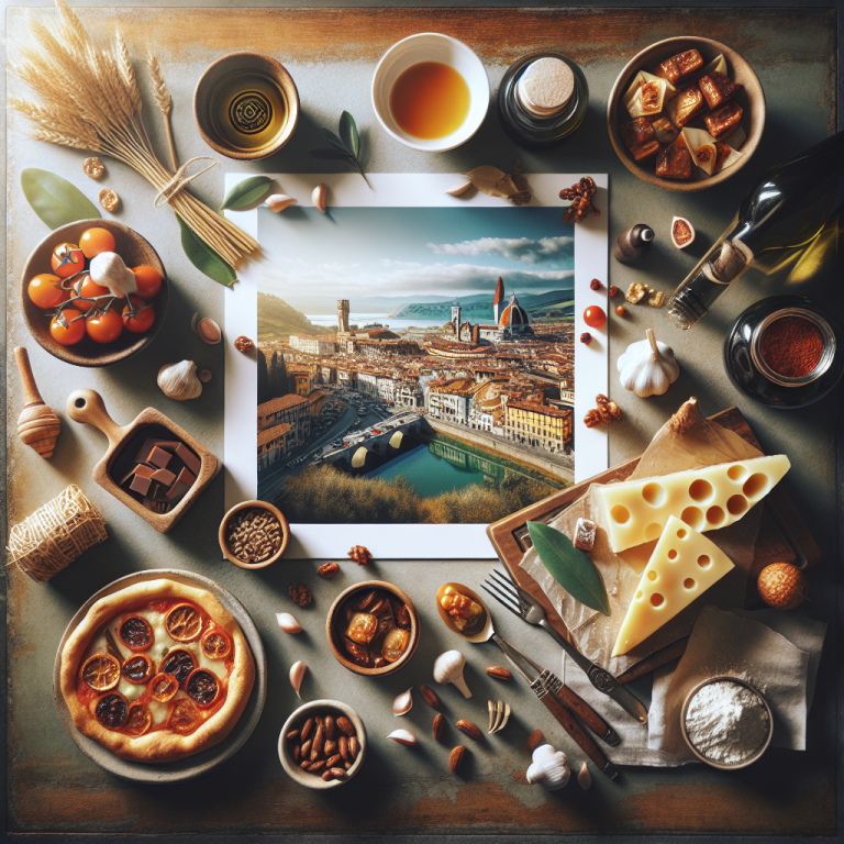 Flat lay of Italian food items including cheese, pizza, and a photo of Florence.