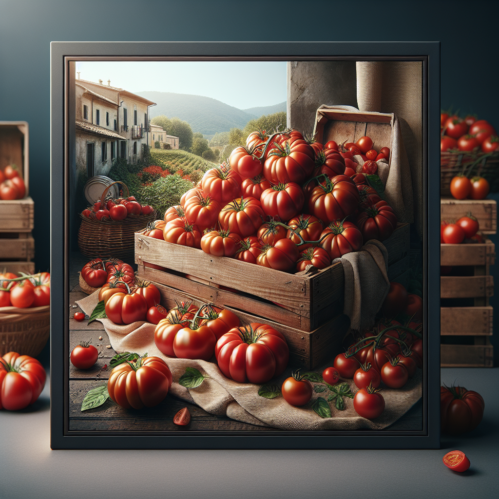 A large pile of harvested tomatoes in wooden crates with some scattered around on a surface.