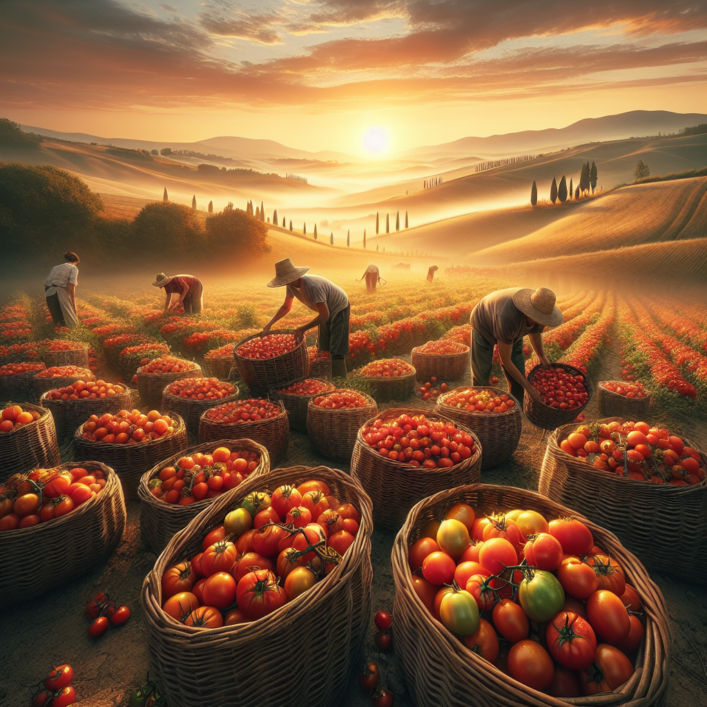 Farmers harvesting tomatoes in baskets during sunset in a field.