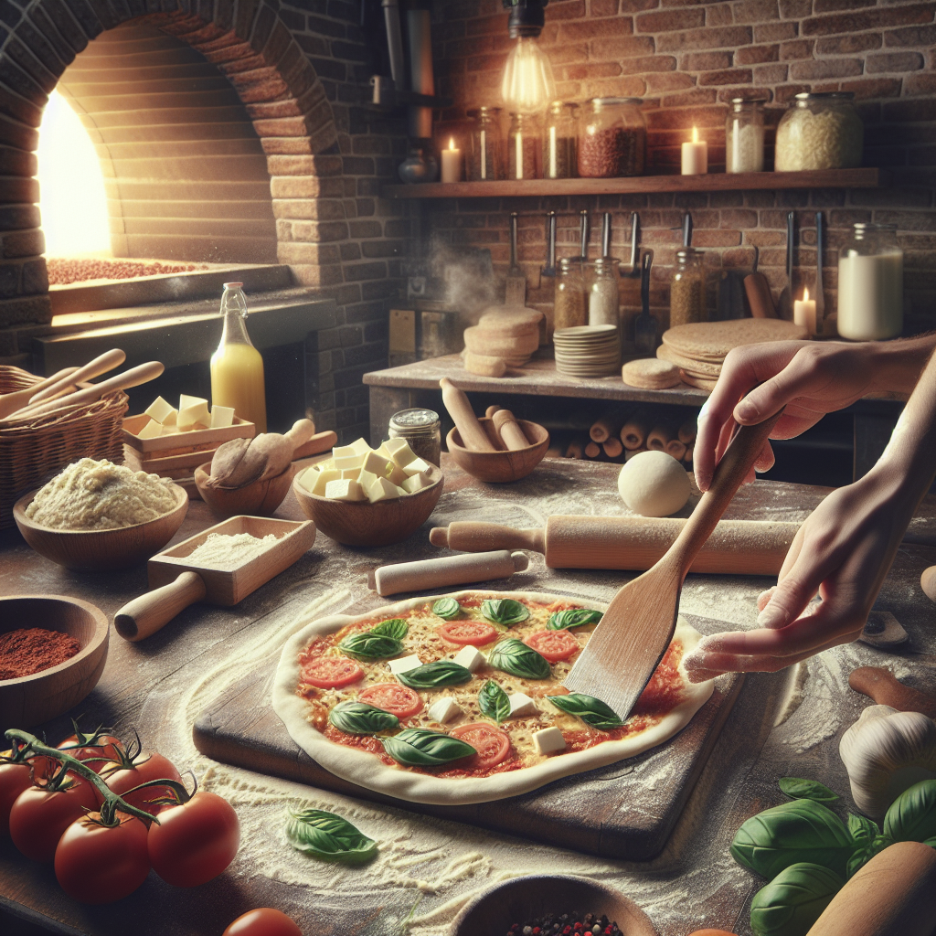Hands placing fresh basil leaves on a pizza dough in a rustic kitchen environment.