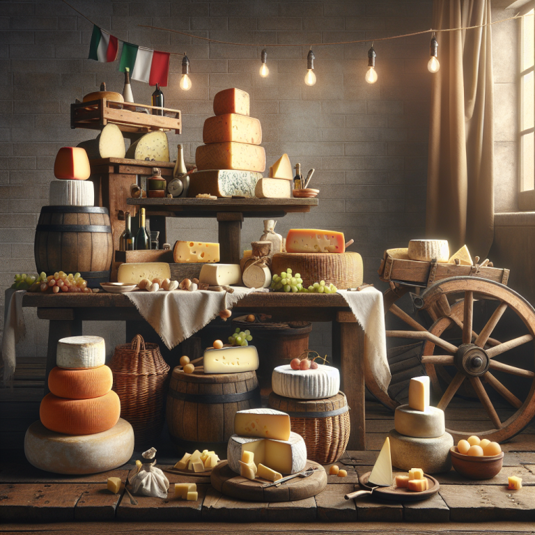 An assortment of Italian cheeses arranged on wooden tables with barrels and decorative elements.