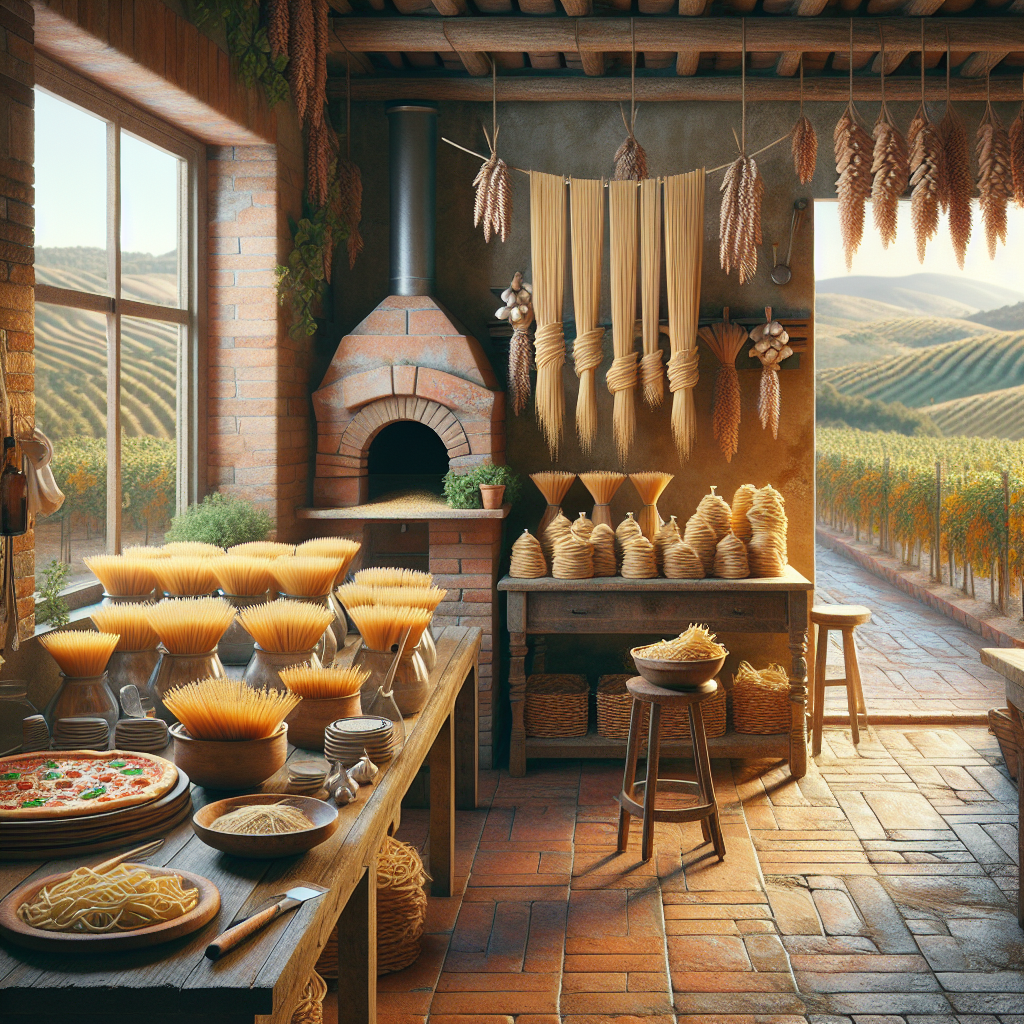 Interior of a rustic kitchen featuring various types of pasta and a pizza on a wooden table.