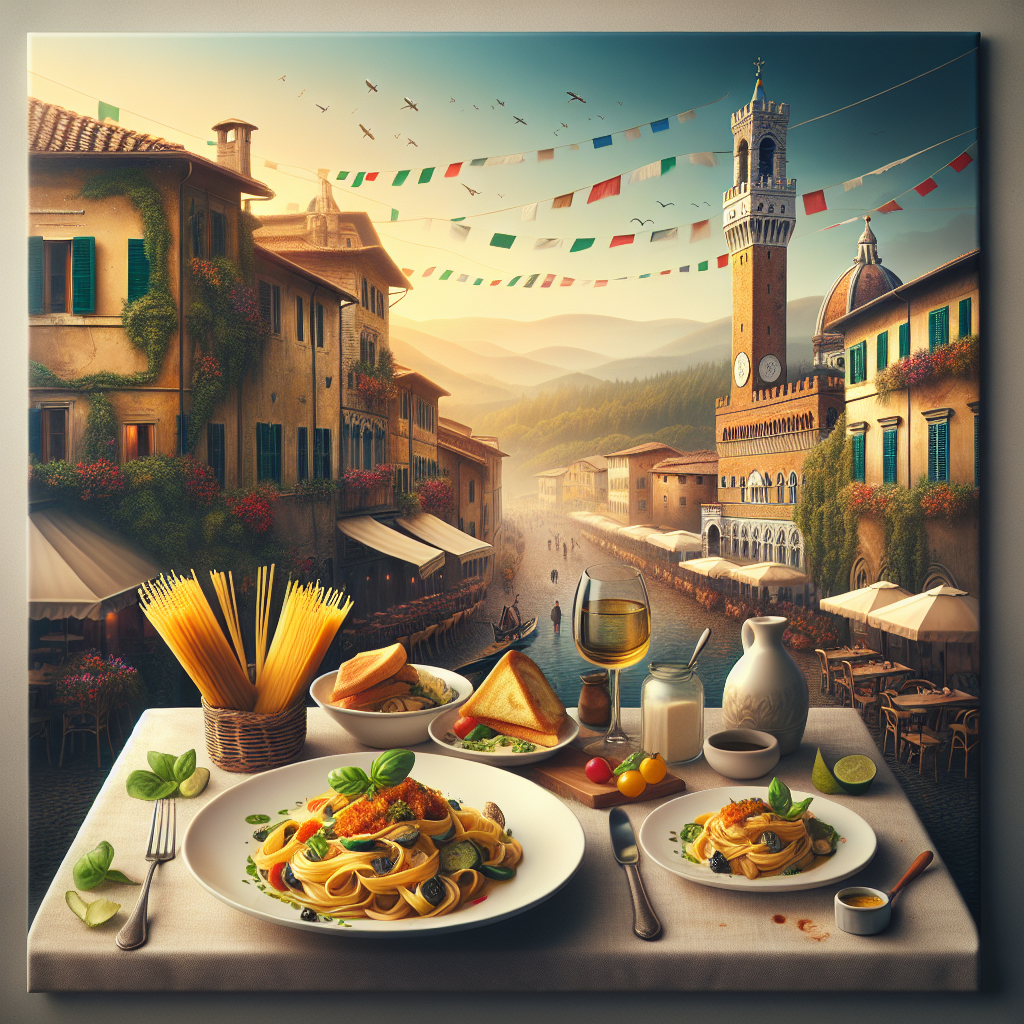 Plate of Pasta alla Bottarga served with side dishes and drinks on a table.