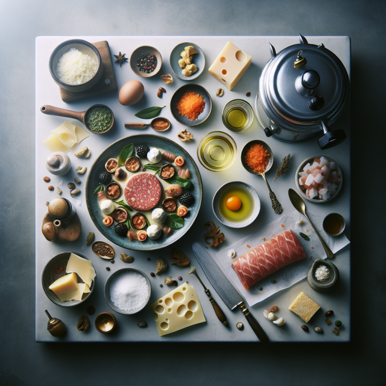 An assortment of ingredients for Italian cuisine, including pasta, cheese, and spices on a marble surface.
