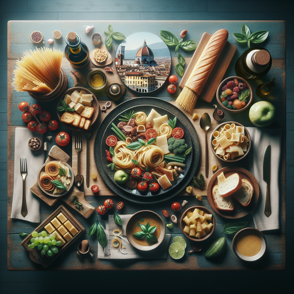 An assortment of Italian cuisine ingredients including pasta, cheese, and vegetables arranged on a wooden table.