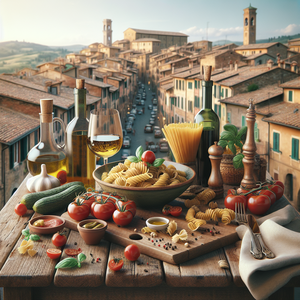 A wooden table with various Italian cooking ingredients including pasta, tomatoes, and olive oil.