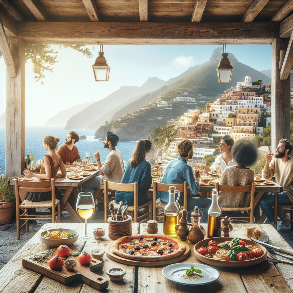 Group of people enjoying a meal outdoors with traditional Italian dishes on the table.