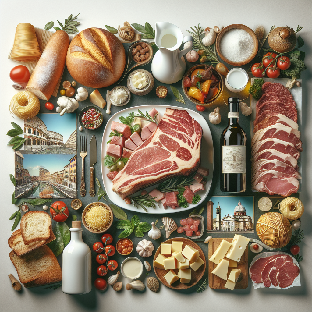 An assortment of Italian cuisine ingredients including meats, cheeses, vegetables, and pasta arranged on a table.