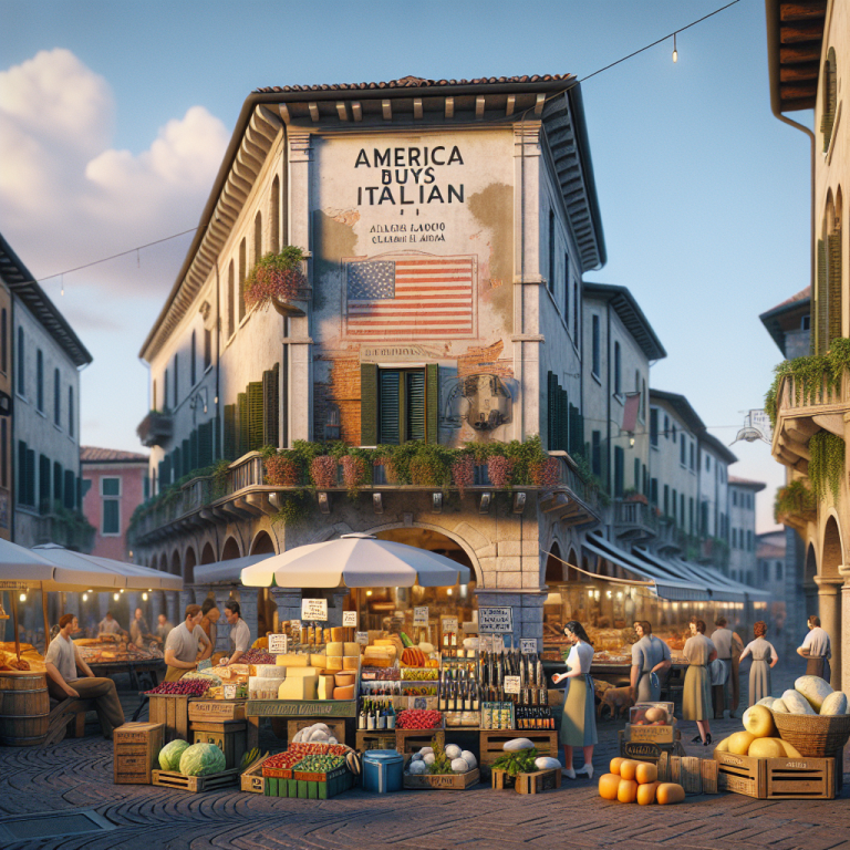 Market stall filled with various fruits and vegetables in front of a building with an 'America Buys Italian' sign.