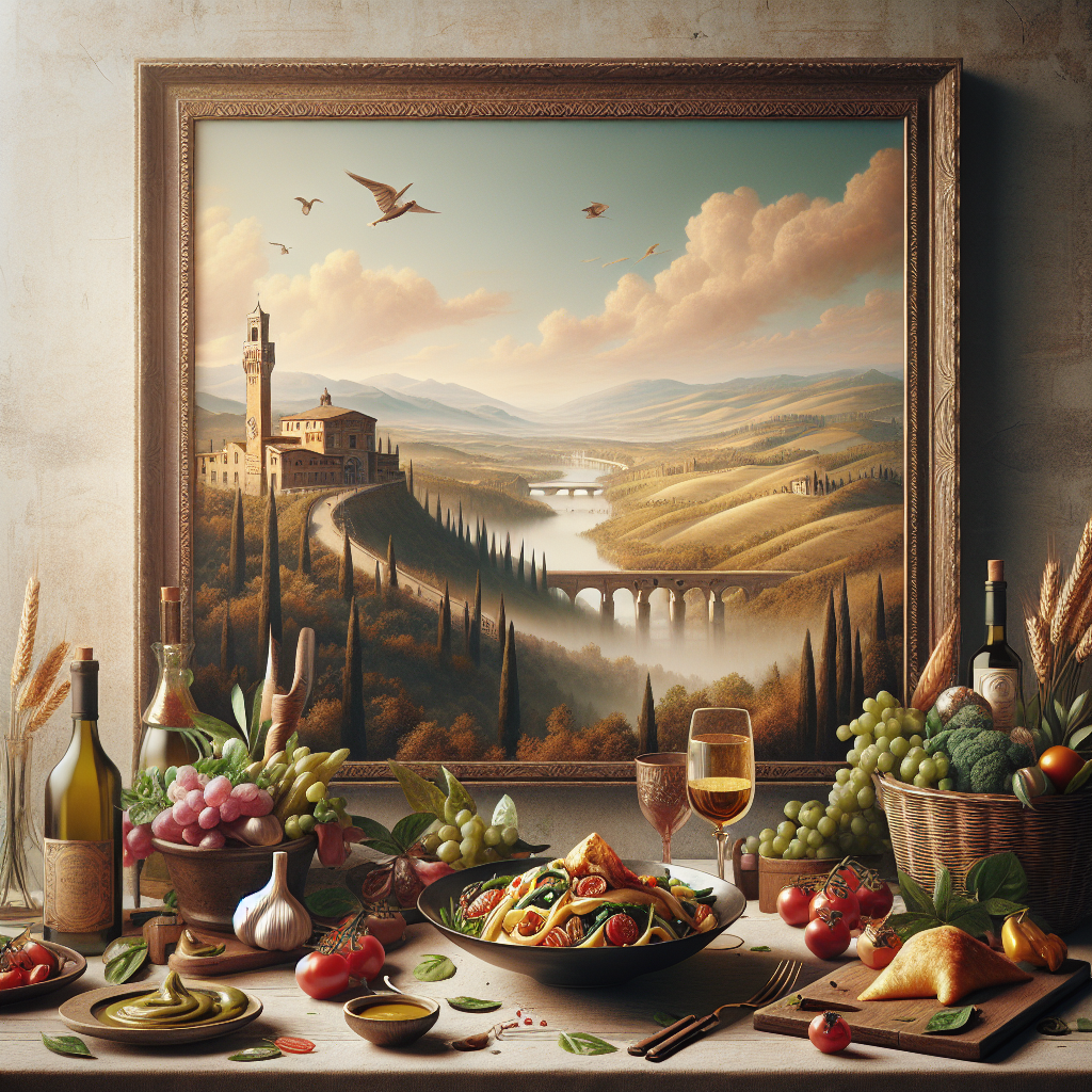Artwork depicting a serene Italian landscape with a vineyard and a bowl of pasta in the foreground.